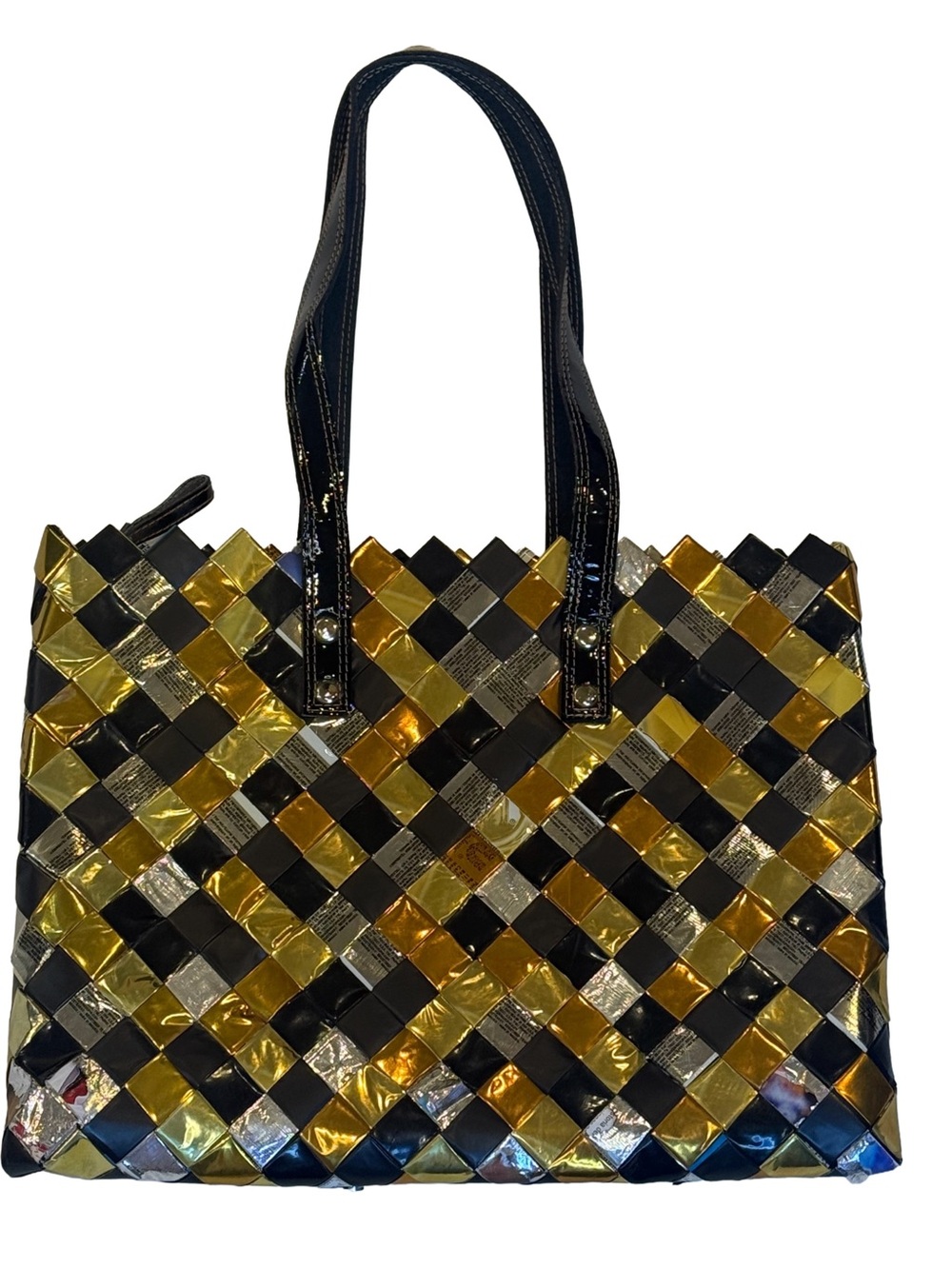 Nahui Ollin Metallic Wrapper Woven Tote Gold Black Silver Eco Y2K Upcycled Boho